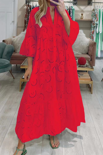 Red Casual Solid Hollowed Out V Neck A Line Dresses