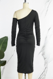 Black Casual Solid Draw String Frenulum Backless Oblique Collar Long Sleeve Dresses