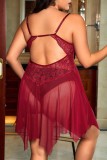 Red Sexy Living Solid Hollowed Out See-through Backless With Bow Spaghetti Strap Plus Size Sleepwear