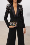 Black Casual Patchwork Sequins Turn-back Collar Long Sleeve Two Pieces