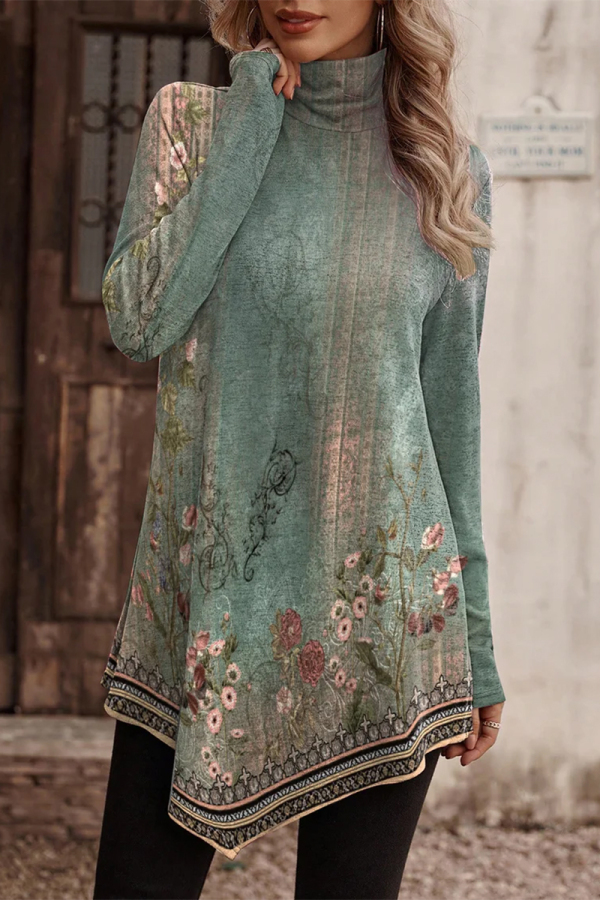 Green Casual College Floral Asymmetrical Turtleneck Tops