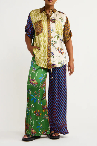 Multicolor Casual College Print Patchwork Turndown Collar Short Sleeve Two Pieces
