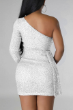 White Sexy Celebrities Solid Sequins Patchwork One Shoulder Wrapped Skirt Dresses