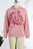Pink Casual Cute Print Draw String Pocket Hooded Collar Tops