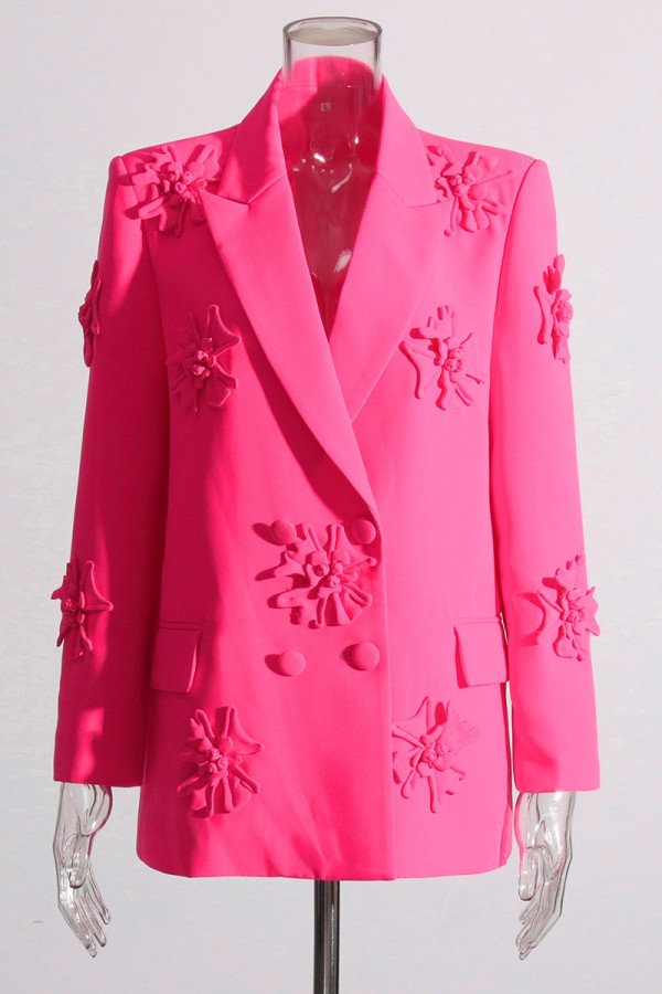 Pink Casual Solid Embroidered Turn-back Collar Outerwear