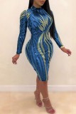 Green Fashion Sexy Patchwork Sequins See-through O Neck Long Sleeve Dresses