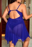 Blue Sexy Living Solid Hollowed Out See-through Backless With Bow Spaghetti Strap Plus Size Sleepwear