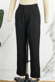 Black Casual Solid Patchwork Regular High Waist Pencil Solid Color Trousers