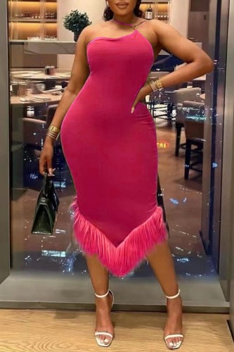 Rose Red Sexy Solid Tassel Backless Spaghetti Strap Sleeveless Dress Dresses