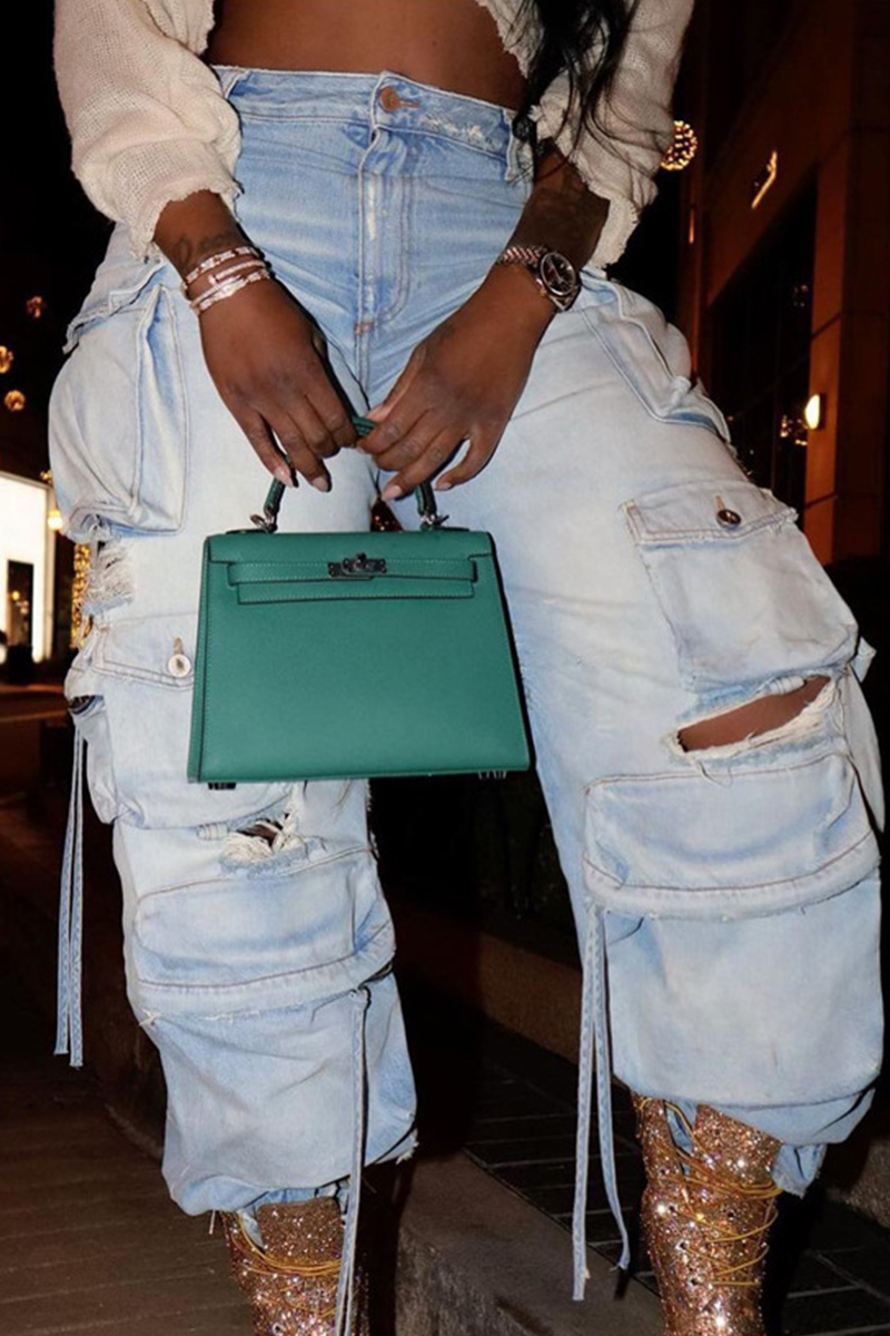 Casual Street Solid Ripped Make Old High Waist Denim Jeans(3 Colors)