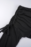 Black Casual Solid Draw String Frenulum Oblique Collar Long Sleeve Dresses