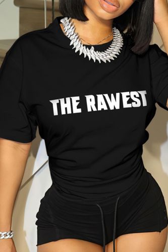 Black Street Letter Patchwork O Neck T-Shirts