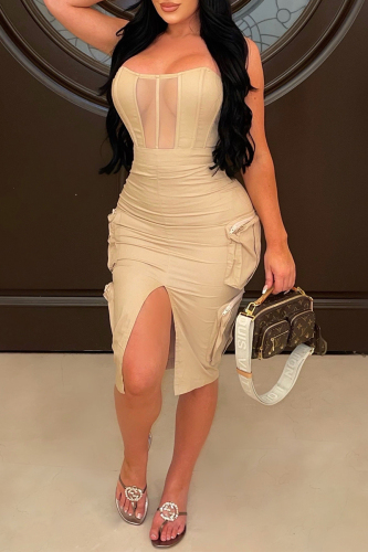 Apricot Casual Street Patchwork Pocket Slit Strapless Strapless Dress Dresses