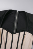 Black Casual Patchwork Contrast Square Collar Regular Jumpsuits