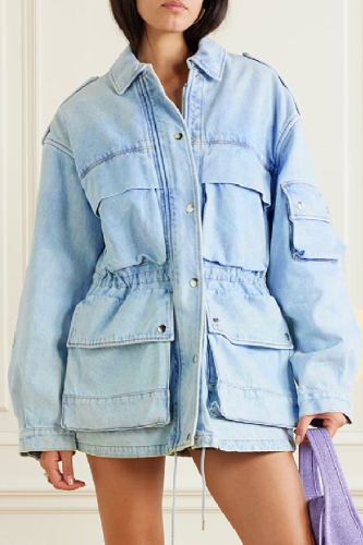 Blue Casual Solid Patchwork Turndown Collar Long Sleeve Regular Denim Jacket