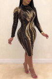 Blue Fashion Sexy Patchwork Sequins See-through O Neck Long Sleeve Dresses