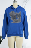 Royal Blue Street Daily Print Draw String Hooded Collar Tops