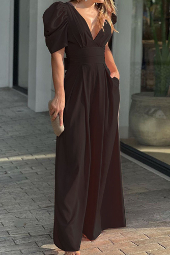 Black Elegant Solid Pocket Fold V Neck Loose Jumpsuits