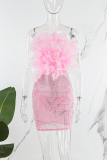 Pink Sexy Party Elegant Formal Patchwork See-through Feathers Hot Drill Strapless Evening Dress Dresses