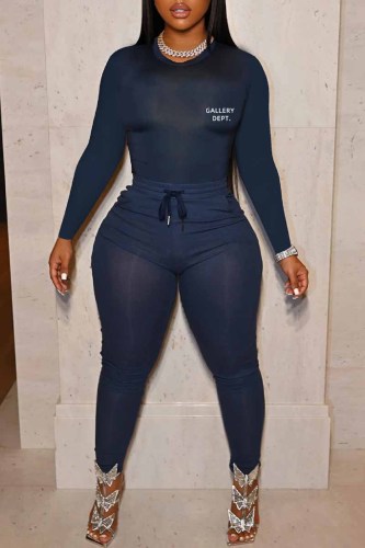 Navy Blue Casual Print Letter O Neck Long Sleeve Two Pieces