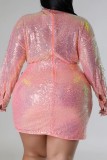 Pink Casual Patchwork Bronzing Sequins Frenulum V Neck Long Sleeve Plus Size Dresses