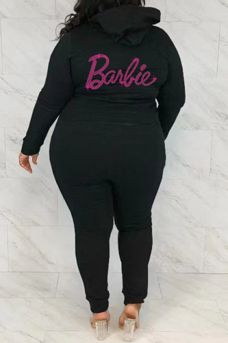 Black Casual Solid Letter Hot Drill Hooded Collar Plus Size Two Pieces