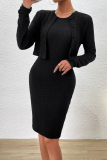 Black Elegant Solid Buttons O Neck Long Sleeve Two Pieces