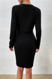 Black Elegant Solid Buttons O Neck Long Sleeve Two Pieces