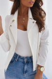 White Casual Street Solid Zipper Turndown Collar Outerwear