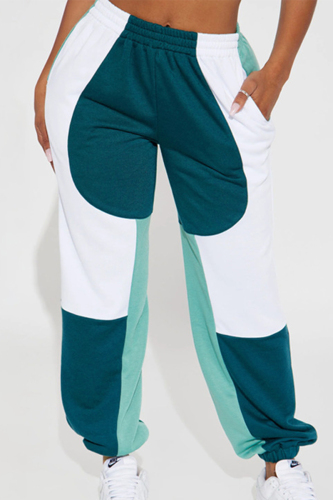 Green Casual Color Block Patchwork Pocket Regular Mid Waist Patchwork Bottoms
