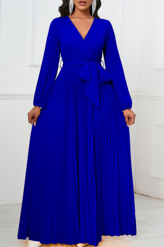 Royal Blue Elegant Solid Bandage Patchwork Pleated V Neck A Line Dresses