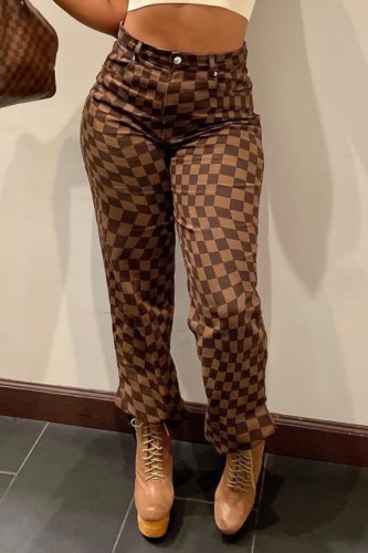 Dark Brown Casual Plaid Print Slit Regular Mid Waist Conventional Full Print Trousers
