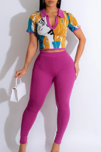 Fuchsia Casual Print Patchwork Turndown Collar Short Sleeve Two Pieces