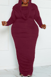 Rose Red Sexy Street Solid Patchwork Hooded Collar Wrapped Skirt Plus Size Dresses