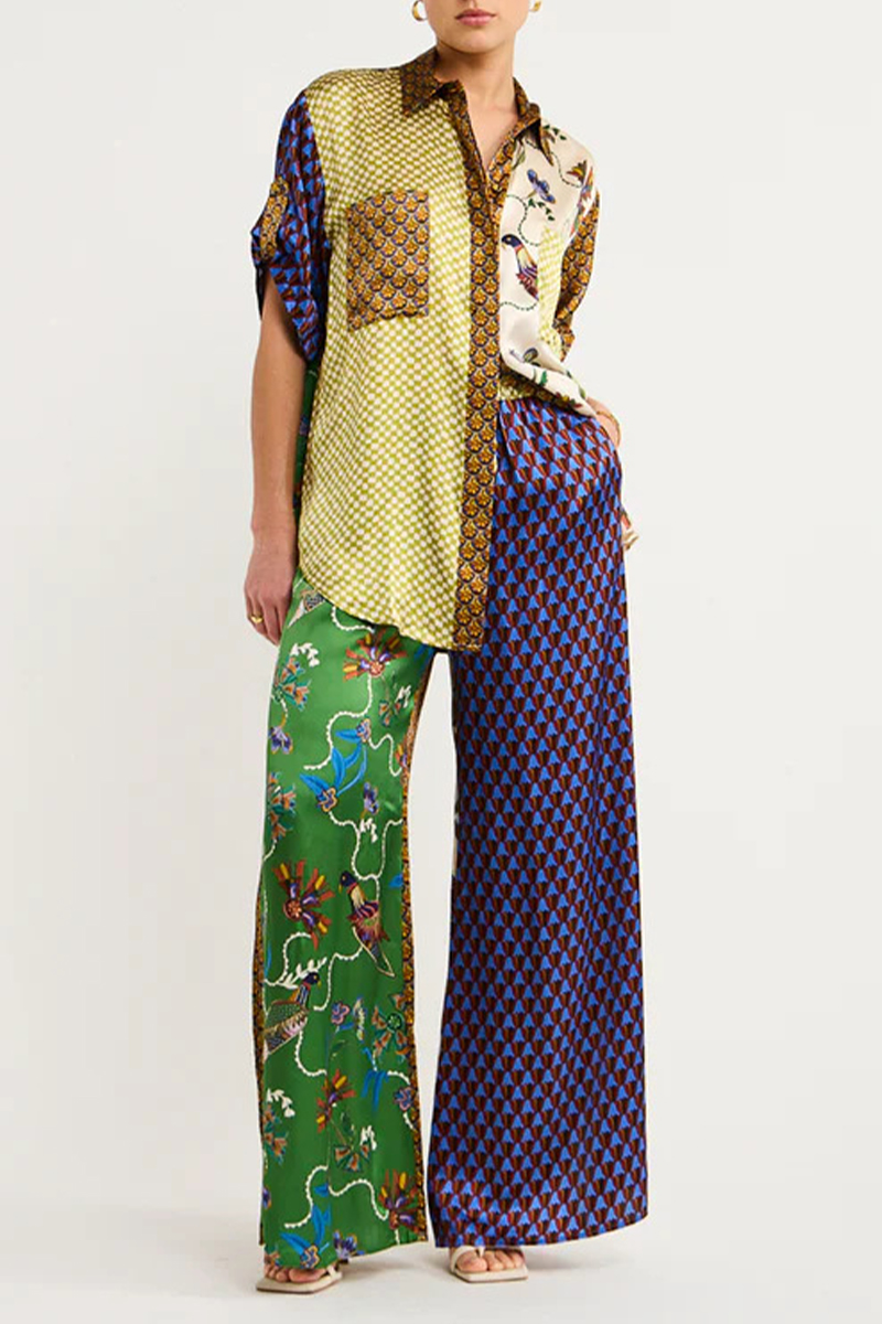 Casual College Print Patchwork Turndown Collar Three Quarter Two Pieces main image 1