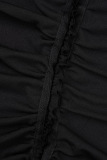 Black Casual Solid Draw String Frenulum Oblique Collar Long Sleeve Dresses
