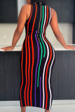 Black Striped Sleeveless Mandarin Collar Slim Fit Casual Vacation Bodycon Maxi Dress
