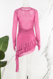 Rose Pink Sexy Solid See-through Asymmetrical O Neck Long Sleeve Two Pieces