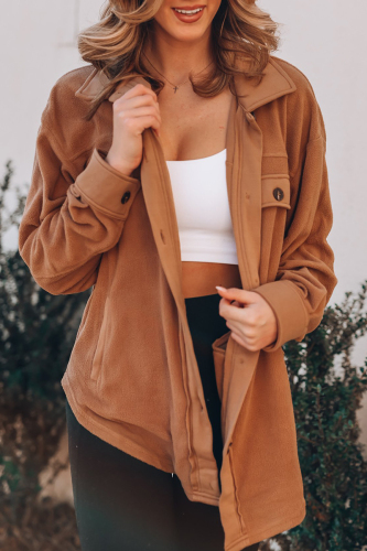 Caramel Colour Casual Solid Pocket Turndown Collar Tops