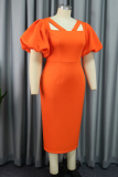 Orange Casual Solid Hollowed Out V Neck One Step Skirt Dresses