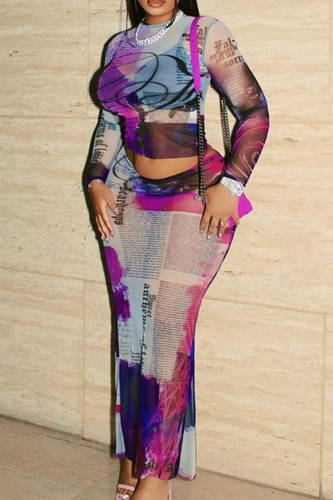 Colour Sexy Street Print Patchwork Mesh O Neck Long Sleeve Two Pieces