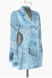 Blue Casual Print Hollowed Out Patchwork Turndown Collar Long Sleeve Dresses