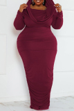 Rose Red Sexy Street Solid Patchwork Hooded Collar Wrapped Skirt Plus Size Dresses