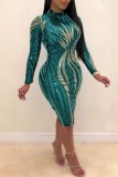 Apricot Fashion Sexy Patchwork Sequins See-through O Neck Long Sleeve Dresses