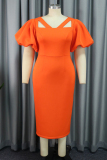 Orange Casual Solid Hollowed Out V Neck One Step Skirt Dresses