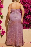 Pink Sexy Patchwork Sequins Backless Slit Spaghetti Strap Long Dress Plus Size Dresses