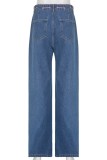 Blue Casual Letter Print Basic Mid Waist Regular Denim Jeans