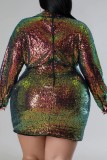 Green Casual Patchwork Bronzing Sequins Frenulum V Neck Long Sleeve Plus Size Dresses