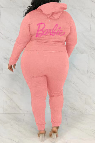 Pink Casual Solid Letter Hot Drill Hooded Collar Plus Size Two Pieces