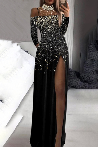 Black Elegant Formal Print Slit Sequined Turtleneck Evening Dress Dresses